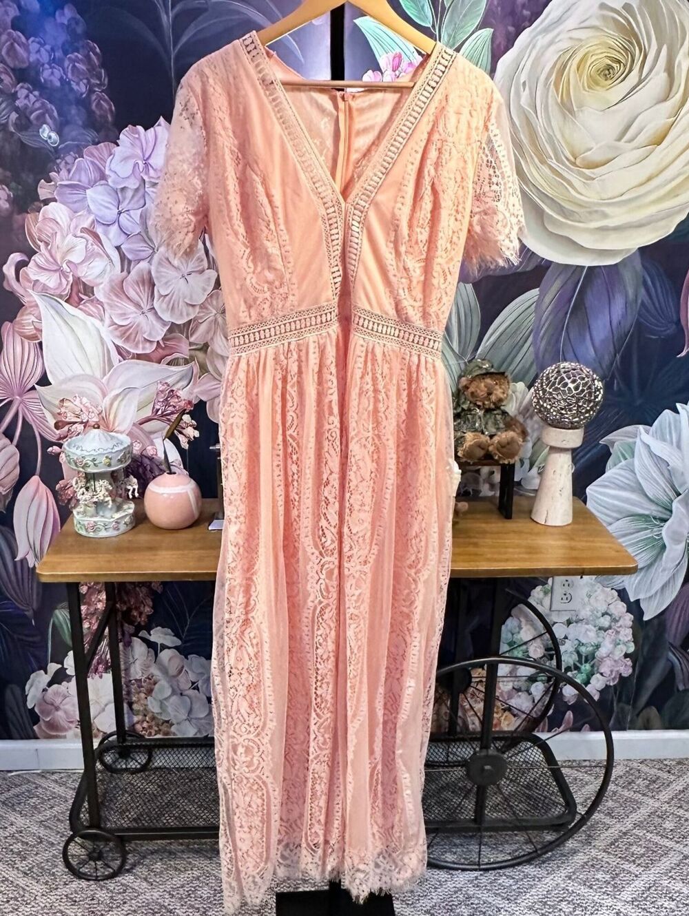 Size L Peach Lace Maxi Lined Dress Fairy Cottagecore Coquette Boho Romantic